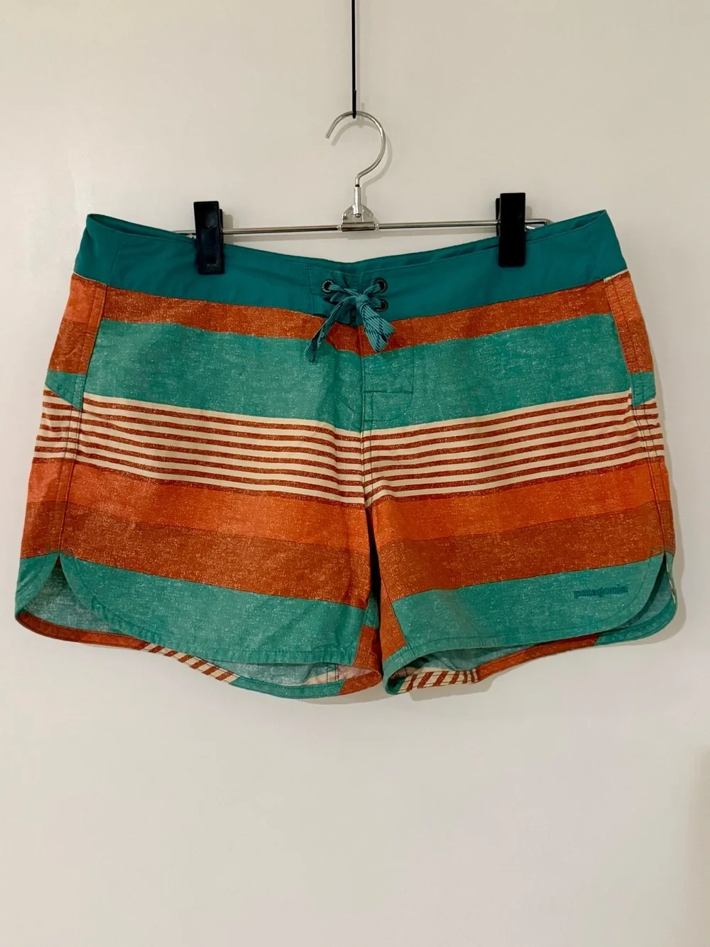 Patagonia Teal and Orange Striped Women's Board Shorts